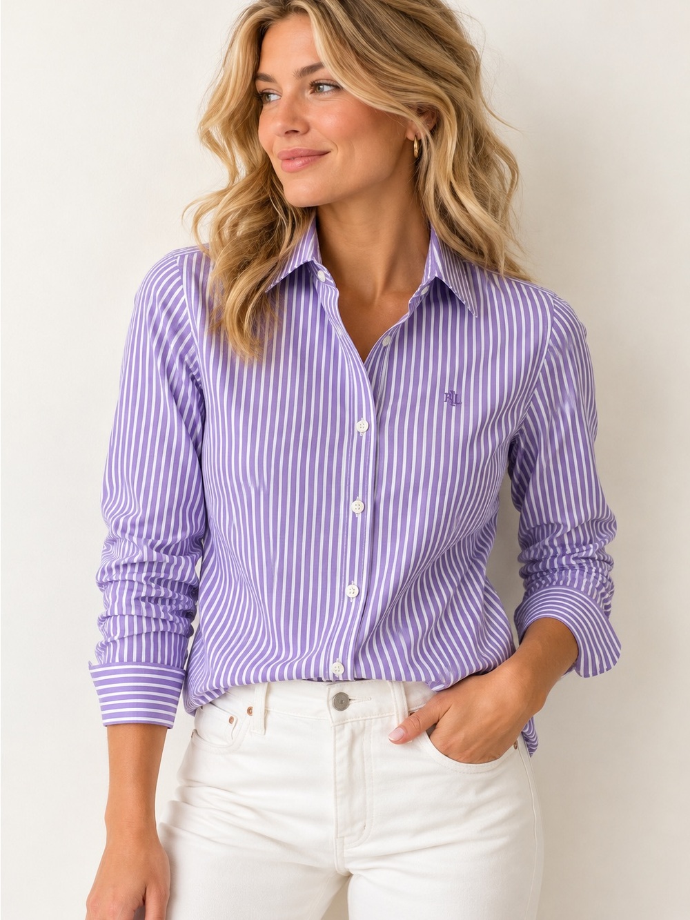 Lauren Ralph Lauren Non-Iron Lavender White Striped Button Down Shirt PXS NWT